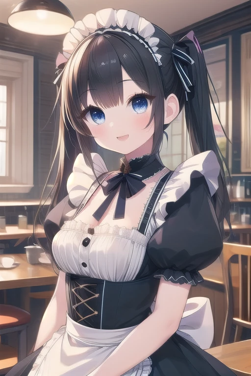 Solo Girl, 15-year-old,, Twintail Hair, Beauty hair,, Mid-chest, highest quality, High resolution, Very detailed, Detailed Background, Perfect lighting、（maid1.0）、Extreme maid outfit、very cute,large breasts,cute eyes,puffy eyes,in the cafe room,smile,