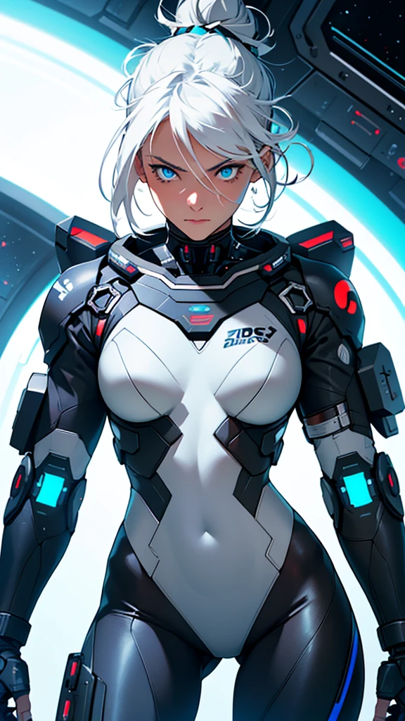 Beautiful cybernetic girl in black mobile cybernetic battle suit detailed muscles realistic masterpieces full figure pose (best quality,ultra-detailed), white-haired girl, vibrant blue eyes, large messy bun, fair skin, fit body, slim figure, narrow waist, large buttocks, (confident expression), black cybernetic battle spacesuit, space between thighs, confident facial expression