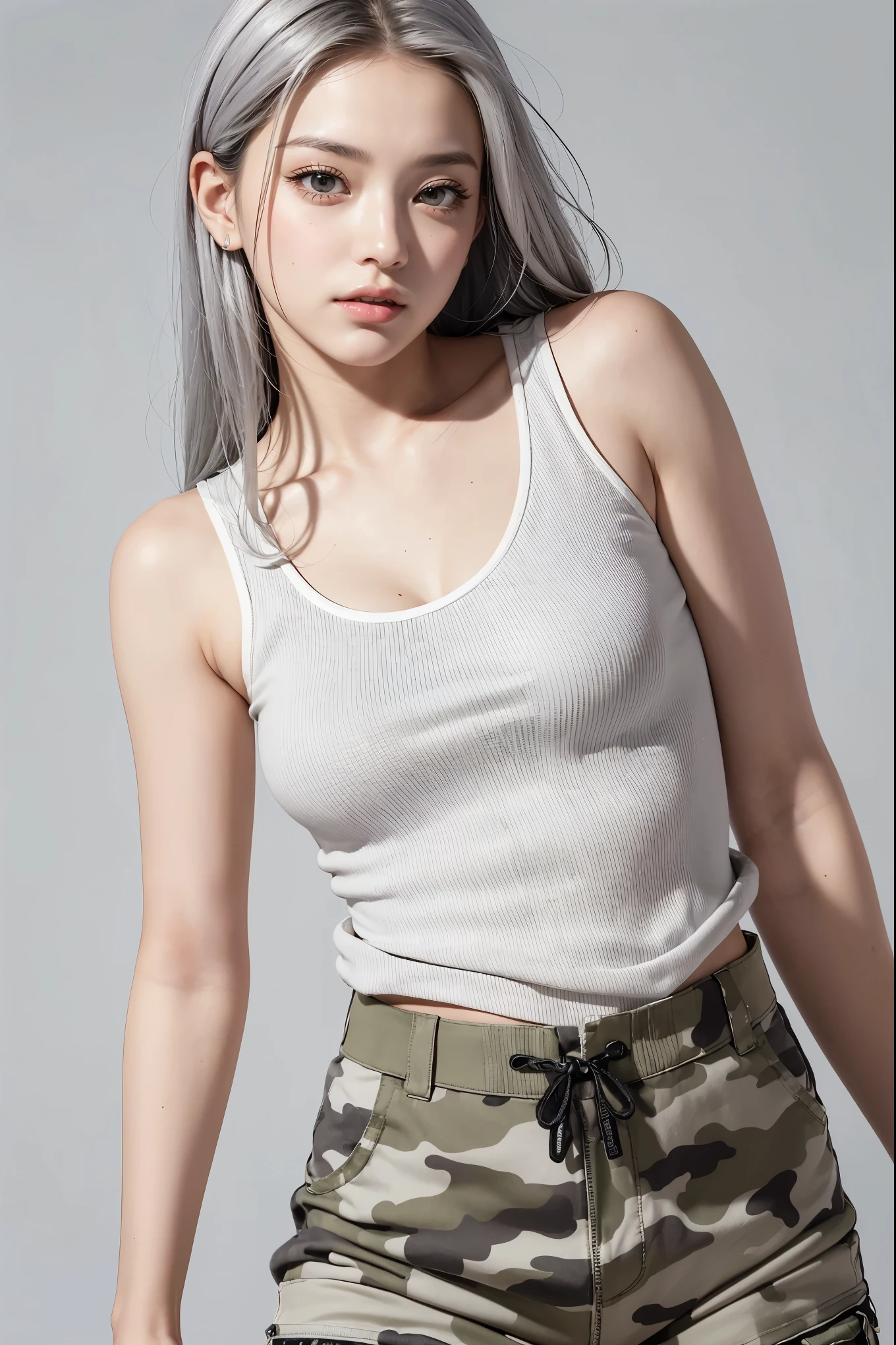 Realistic, masterpiece, highest quality, Highest Resolution, (Gray blank background:1.3), (1girl:1.3), Photographed from the waist up, 20-year-old, Sharp Eyes, glaring angrily, Slightly to the side, (Beautiful narrow eyes, (Iris:1.2), (Hidden eyelid wrinkles:1.2), Thin eyebrows, Draw eyelashes carefully, Natural Makeup, Mid-length hair, Silver Hair, Detailed face), (White tank top, Camouflage pattern cargo pants), Military training equipment