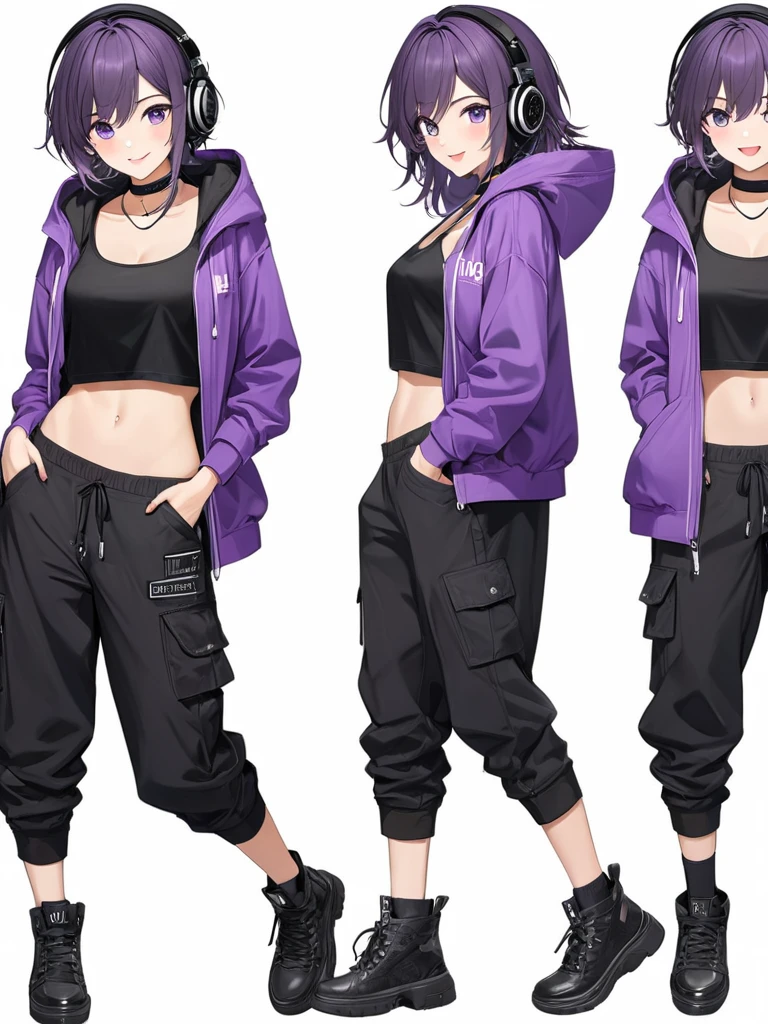 High-resolution digital art, Masterpiece, Highest quality, full body, Full of details, tomboy, mature, sexy, smart, hair color black, hairstyle short, eyes pupil purple, real detail eyes, real detail short purple jacket, real detail black tank top, real detail plain black chokers, real detail black headphone, real detail black long pants, real detail black shoes, real detail black sock, Happy face, dynamic happy pose and expression (simple background, white background)