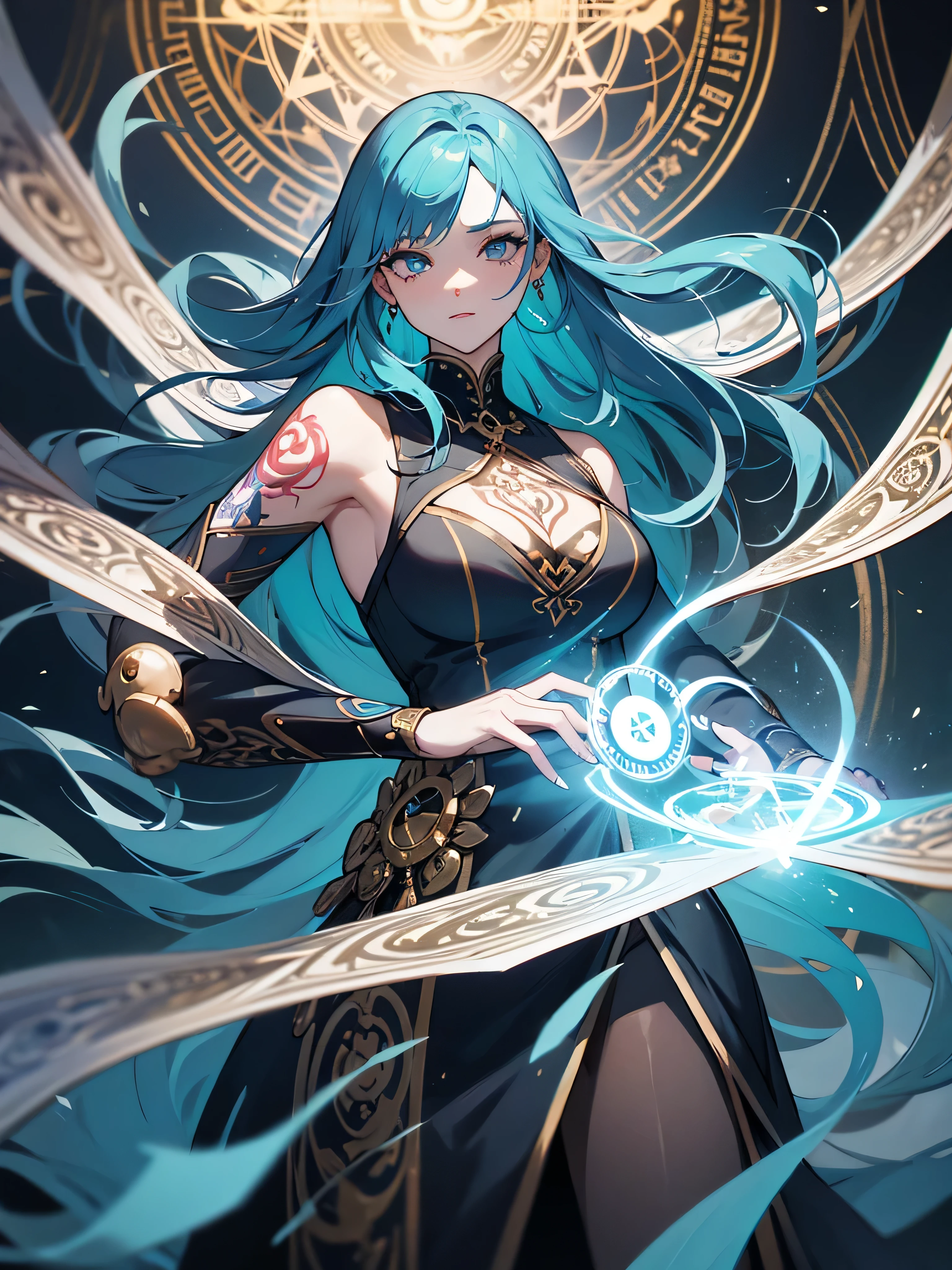 1 adult woman, depicted painting, tattoo, (cinematic), elaborate, magical power, detailed magic circle,