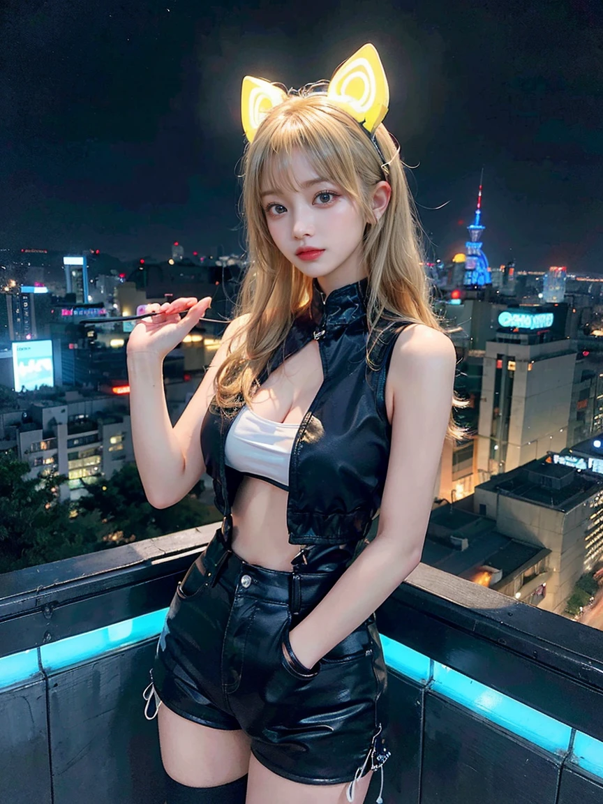 最high quality, masterpiece, 32k、Very detailed、Realistic、1 girl, Japanese women、Cute Face, (photo Actual:1.3),Bob Hair(Golden hair color、Blonde Hairstyles)、Edge lighting, (Skin with attention to detail:1.2), 8k超High resolution, Single-lens reflex camera, high quality, High resolution, 4K, 8k, Optimal ratio of four fingers to one thumb, (Actual:1.3), cute 1 girl, Realistic、Super Realistic、32k、Very detailed、masterpiece, 最high quality, beautiful girl, beauty、Mecha, Beautiful lighting, (Neon Light:1.2), (night:1.5), Sexy K-Pop Idol Costumes、Sexy and attractive sleeveless clothing、Shorts、Big Breasts(big 、There is a valley)、Cat ears microphone headphones(Headphones Gaming Headgear with Mic、Head Fan)、Are standing、Cyber Neon、Future City、Skyscraper、都会のnight、Shanghai、big cities、night景、綺麗なnight景