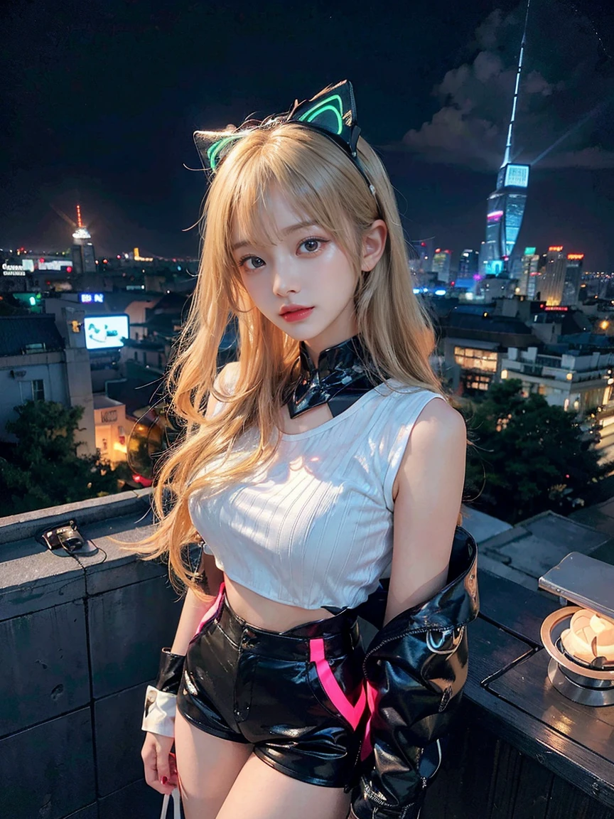 最high quality, masterpiece, 32k、Very detailed、Realistic、1 girl, Japanese women、Cute Face, (photo Actual:1.3),Bob Hair(Golden hair color、Blonde Hairstyles)、Edge lighting, (Skin with attention to detail:1.2), 8k超High resolution, Single-lens reflex camera, high quality, High resolution, 4K, 8k, Optimal ratio of four fingers to one thumb, (Actual:1.3), cute 1 girl, Realistic、Super Realistic、32k、Very detailed、masterpiece, 最high quality, beautiful girl, beauty、Mecha, Beautiful lighting, (Neon Light:1.2), (night:1.5), Sexy K-Pop Idol Costumes、Sexy and attractive sleeveless clothing、Shorts、Big Breasts(big 、There is a valley)、Cat ears microphone headphones(Headphones Gaming Headgear with Mic、Head Fan)、Are standing、Cyber Neon、Future City、Skyscraper、都会のnight、Shanghai、big cities、night景、綺麗なnight景