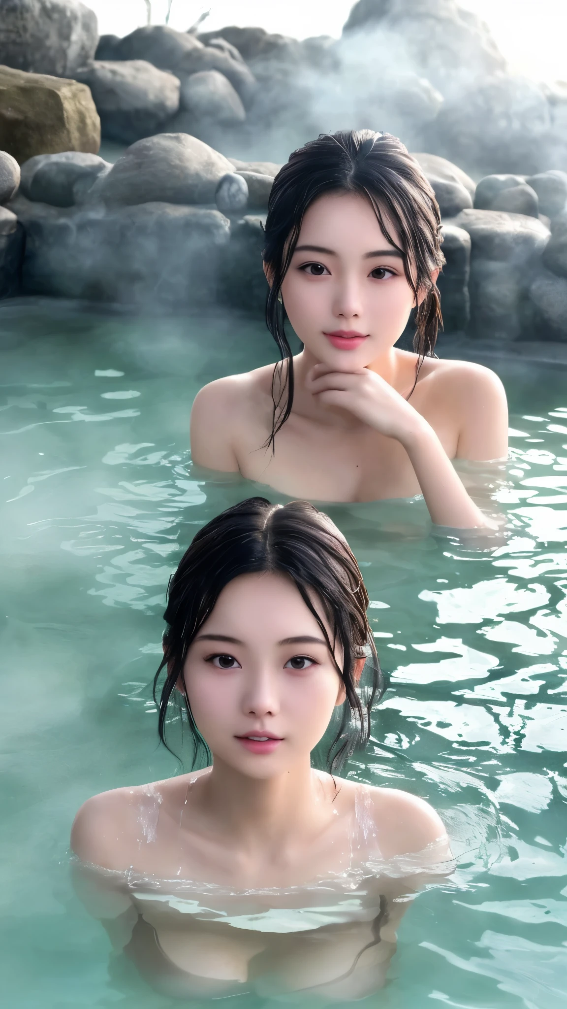 最high quality、high quality、best image quality、8K、最High resolution、High resolution、最high quality、masterpiece、Realistic human body in every detail、Realistic skin in every detail、Realistic face in every detail、Realistic eyes down to the details、Realistic lips in every detail、Realistic teeth in every detail、Realistic ears down to the last detail、Realistic hair down to the last detail、Realistic arms down to the last detail、Realistic reproduction of every detail、Realistic fingers in every detail、(fine hands、thumb１reference４)、Realistic feet in every detail、Realistic breasts down to the last detail、Realistic areola in every detail、Realistic nipples down to the last detail、Realistic pussy down to the last detail、Realistic clitoris in every detail、Realistic vagina down to the last detail、Realistic pubic hair down to the last detail、((beautiful japanese girl))、(japanese model), (japanese woman)、((18 year old beautiful girl))、(black hair)、(random hairstyle)、((whole body))、((beautiful upturned chest))、(slim style、slender style)、(whole body光沢肌、Fair skin)、((full nude、All nude))、(soft natural light)、((in the deep forest(Natural hot springs gush out))、((Hot springs surrounded by rocks))、((deep bathtub(deep hot spring))、((Onsen Girls))、((take a bath in a hot spring))、((A woman warming herself in a hot spring))、((Soak in a hot spring))、((腰までSoak in a hot spring))、((in hot spring water、Sit with your butt down))、((A lot of steam is rising from the bathtub.))、((A hot spring with thick steam))、((A lot of steam rises from the hot spring..))