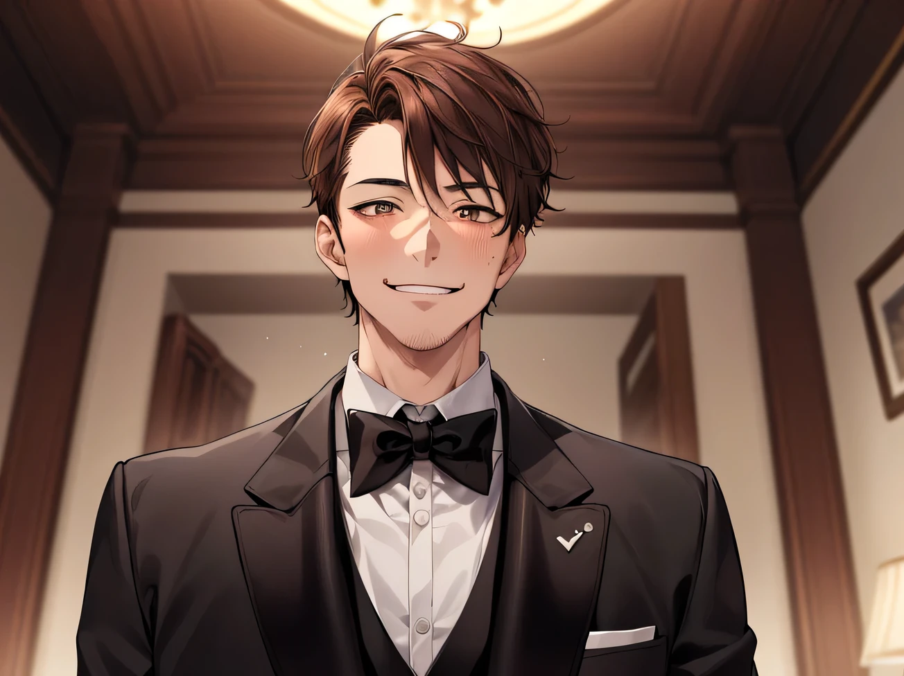 masterpiece,Face close-up,Angle from below,male, 40 years old,(male1 person)、alone,Adult,Rin々Funny face,Sharp Eye,Brown Hair,all back,Kakiage,A nice black tuxedo,sweating,,smile,An inappropriate smile,Background Spotlight,Background mansion room,night