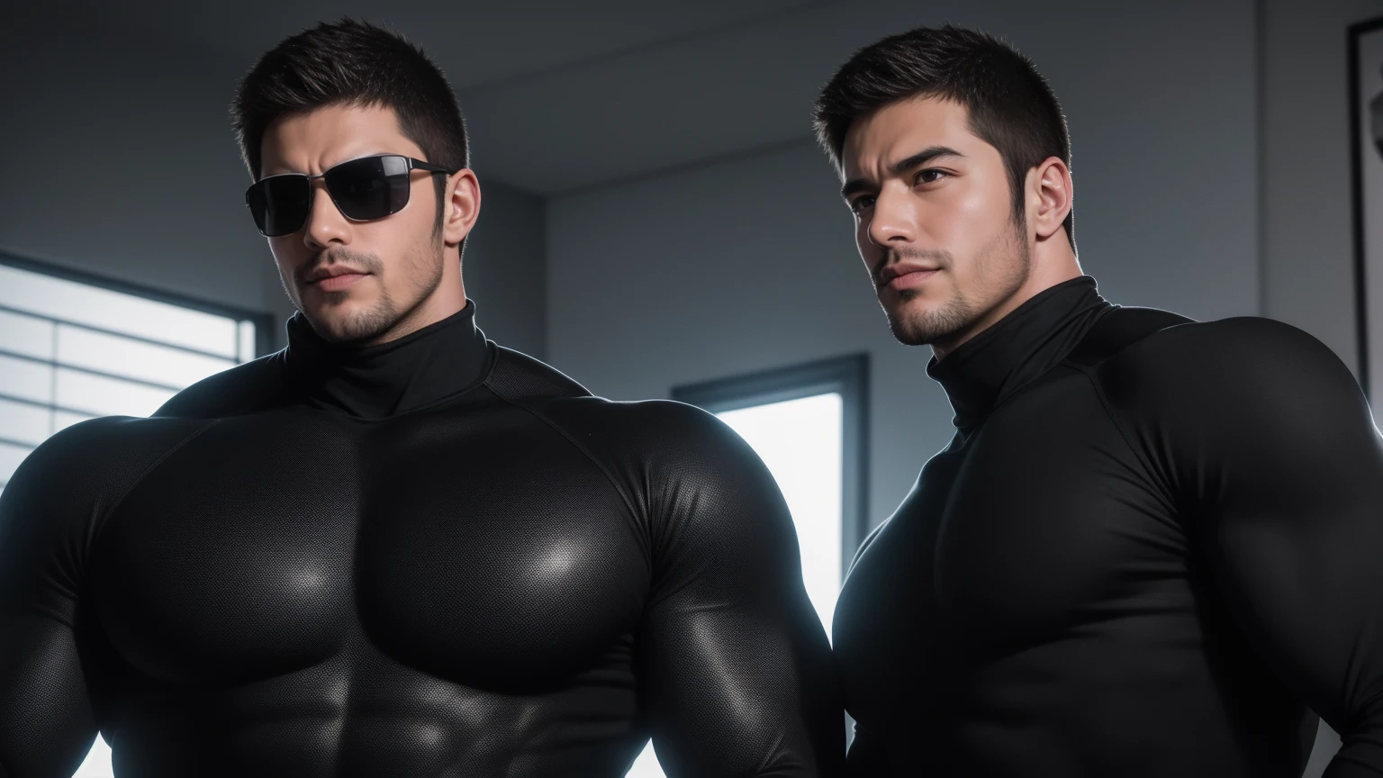 Super muscular man hugging, kissing and caressing, They hugged each other tightly on the soft sofa,Wear sunglasses,Look at each other affectionately,They hugged each other affectionately,Buzz Cut,In the bedroom of a luxurious and noble mansion, Wear a dark khaki turtleneck with long sleeves, Thickened warm elastic texture,They look happy,Open your mouth,Smiling wickedly, Thick thighs, Messy hair, Thick thighs, Turtleneck Long Sleeve Dark Khaki Turtleneck Bodysuit, Very large feet wearing combat boots,very tight, Regular symmetrical pattern, Highlight muscles, Police uniform pants, Very large feet wearing combat boots,character concept(Resident Evil - Chris Redfield, Chris Redfield)A proud expression, Deep and charming eyes, Heroic male pose, tall Burly, muscular!muscular thighs, tough guy, perfect facial features, High, Burly, Heqiang, Super polished and cool, High Resolution Committee, Charismatic, The sun shines through the customers