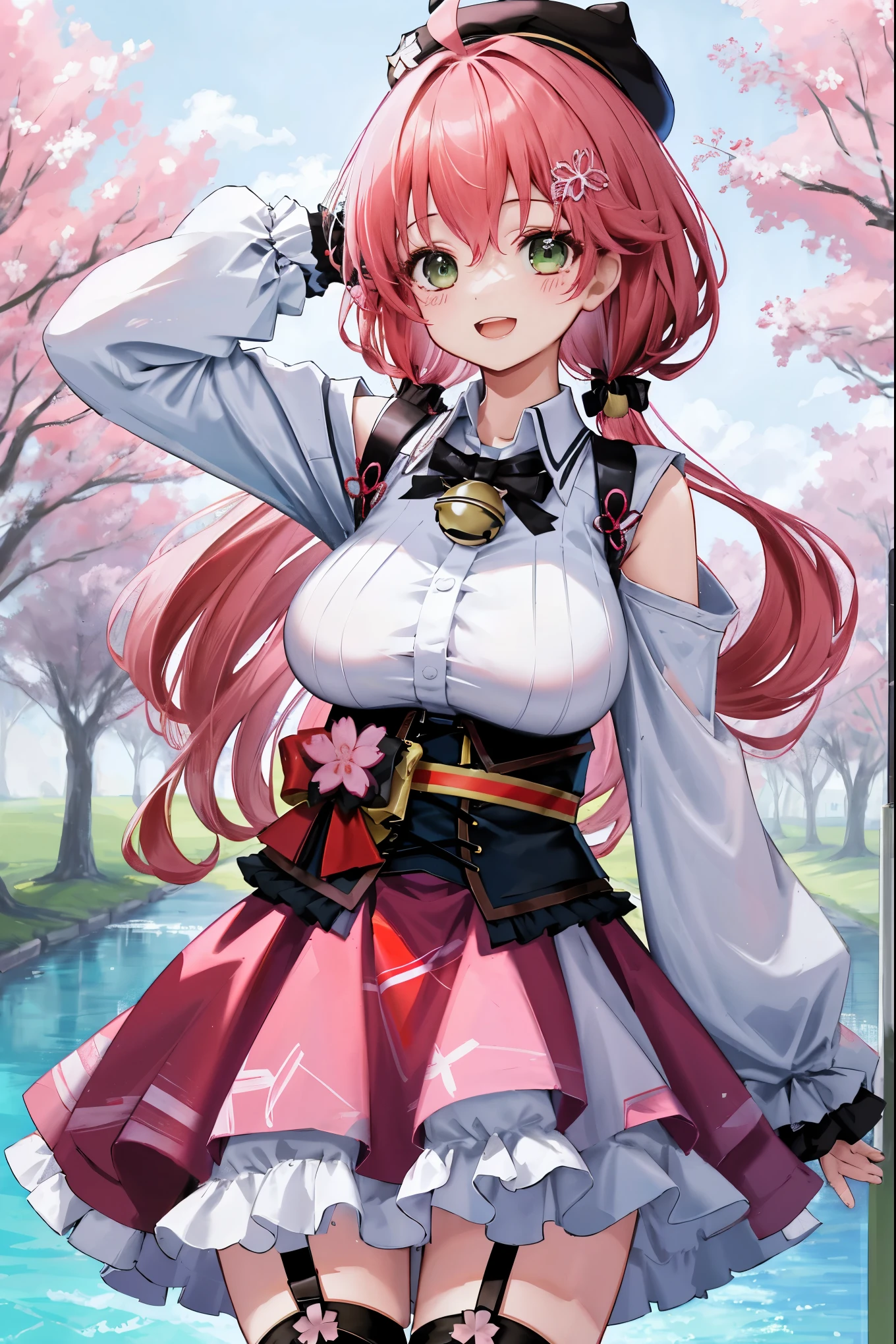 masutepiece, Best_Quality, hight_resolution, miko2,Ponytail, 1girl, young_teen,Ahoge, black headwear, Hair Ornament, White shirt, black thighhighs, Pink hair, Red_skirt, very_short_skirt, plaid skirts, garter_strap, Collared shirt, hair clips, frilld, Bangs, hair between eye, frills skirt, beret, Pleated skirt, Hair Flower, Neck bell, , puffy long sleeves, Black bow, Underbust, Cowboy Shot,Smile, (gigantic_breasts:1.3),covered_nipples, covered_pussy,green_eyes, happy, childlike_posing,spread_legs,(big_smile:1.2),plump,open_mouth,shout,half_eyes,cherryblossom_park_background,