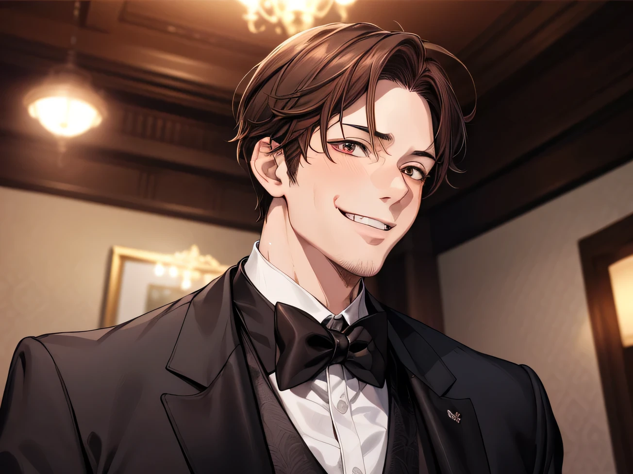 masterpiece,Face close-up,Angle from below,male, 40 years old,(male1 person)、alone,Adult,Rin々Funny face,Sharp Eye,Brown Hair,all back,Kakiage,A nice black tuxedo,sweating,,smile,An inappropriate smile,Background Spotlight,Background mansion room,night
