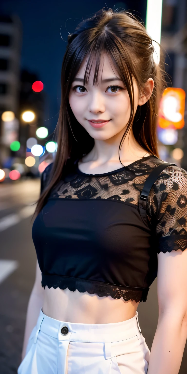 Tabletop, Highest quality, shape, Very detailed, finely, High resolution, 8k wallpaper, 完璧なダイナミックな構shape, finelyて美しい目, Wearing a black dress,Medium Hair,Natural color lip, smile,Harajuku、Teenage Girl、cute、Looking into the camera、Brown Hair、Blurred night New York background,Head to Toe,thin and neat legs,Standing posture,upright