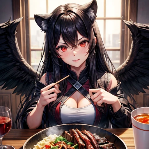 Lion, Black Hair, Red eyes, wing, Very monstrous　Powerful Warrior　Eating kalbi rice bowl　Wine glass with red wine