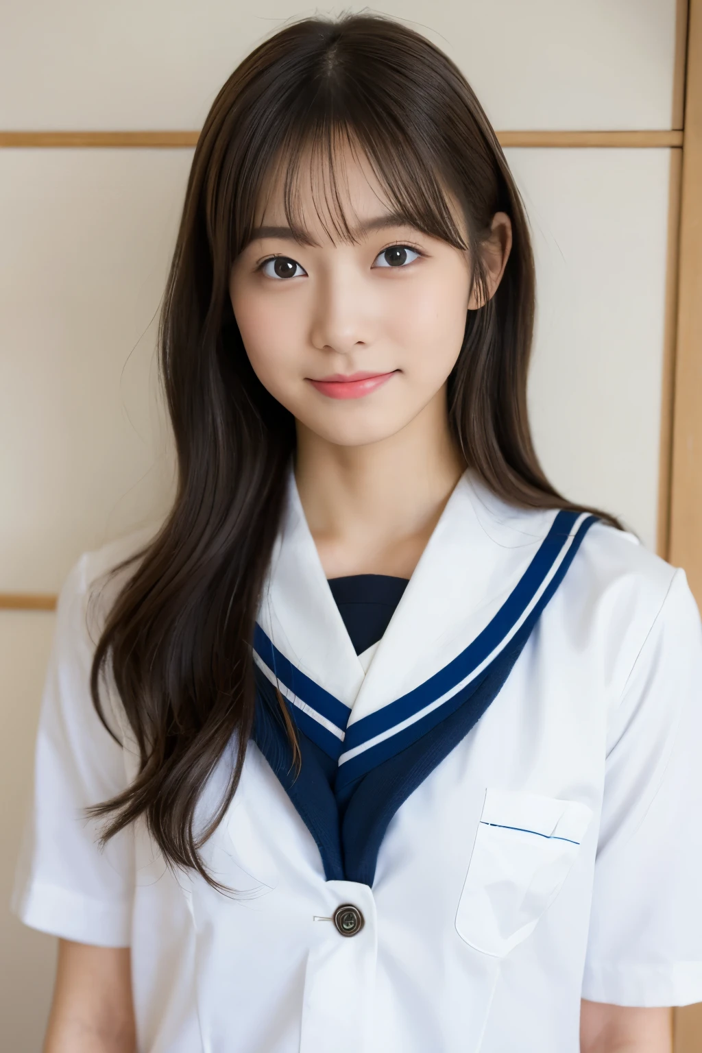 NSFW, (8k, RAW photo, best quality, masterpiece:1.2), ultra high res, (photo realistic:1.2), professional photograph, (Full Body Shot), looking at viewer, Japanese beautiful girl, cute, urban modern girl, 22 years old, brown eyes, brown hair, long hair, perfect body figure, flat chest, Highly Detailed Face and Skin Texture, Fine Eyes, Double Eyelids, Whitening Skin, (japanese school uniform:1.5), standing, Smile, in Japanese style room, Natural Light