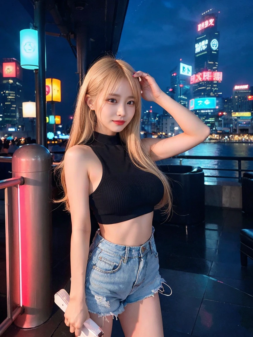 最high quality, masterpiece, 32k、Very detailed、Realistic、1 girl, Japanese women、big 、big Breasts、bigおっぱい、Cute Face, (photo Actual:1.3),Bob Hair(Golden hair color、Blonde Hairstyles)、Edge lighting, (Skin with attention to detail:1.2), 8k超High resolution, Single-lens reflex camera, high quality, High resolution, 4K, 8k, Optimal ratio of four fingers to one thumb, (Actual:1.3), cute 1 girl, Realistic、Super Realistic、32k、Very detailed、masterpiece, 最high quality, beautiful girl, beauty、holding a drink in hand, Beautiful lighting, (Neon Light:1.2), (night:1.5), Sexy K-Pop Idol Costumes、Sexy and attractive sleeveless clothing、Shorts、big Breasts(big 、There is a valley)、Are standing、Cyber Neon、Future City、Skyscraper、都会のnight、Fukuoka Nakasu、big cities、night景、綺麗なnight景