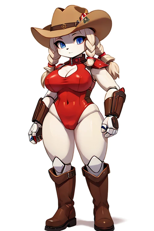 medabot, robot girl, curvy, wide hips, huge breasts, full body, standing, red leotard, cowgirl, white background, shortstack, small girl, cowboy hat, boots, twintails, two guns