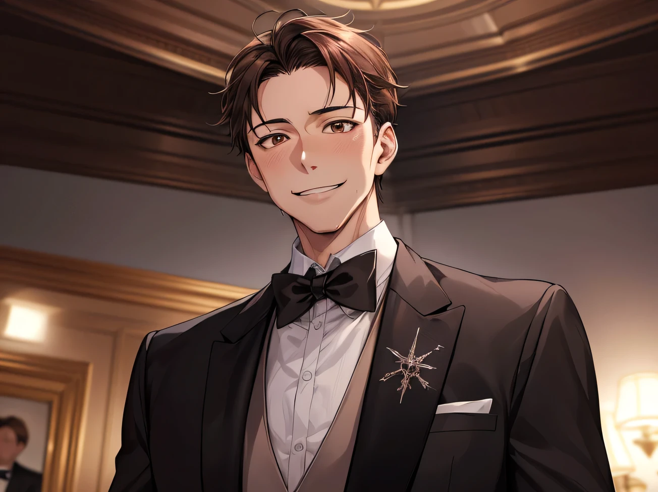 (night),masterpiece,Face close-up,Angle from below,male, 40 years old,(male1 person)、alone,Adult,Rin々Funny face,Sharp Eye,Brown Hair,all back,Kakiage,A nice black tuxedo,sweating,,smile,An inappropriate smile,Background Spotlight,Background mansion room,night