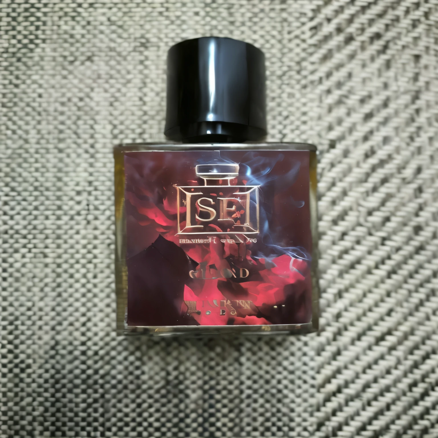 Don Corleone smoking a cigar while holding  of a bottle of perfume on a cloth, inspired by Eugene von Guerard, inspired by Eliseu Visconti, inspired by Jens Søndergaard, inspired by Alexandre-Évariste Fragonard, inspired by Sigurd Swane, inspired by Sōtarō Yasui, inspired by François Barraud.The scene is dimly lit with a smoky background, dark wood, and leather elements. Use dramatic, low-key lighting to create deep shadows, emphasizing a mysterious and luxurious atmosphere.