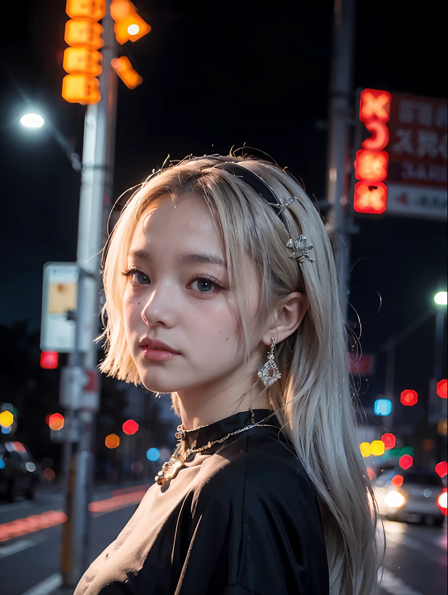Standing on the street at night, shy, beauty spot on chin, side pose, small mole on chin, blushing, neon lights, detailed background, raining, long sleeves, neck choker with necklace, long necklace, evil look, white hair, detailed digital anime art
