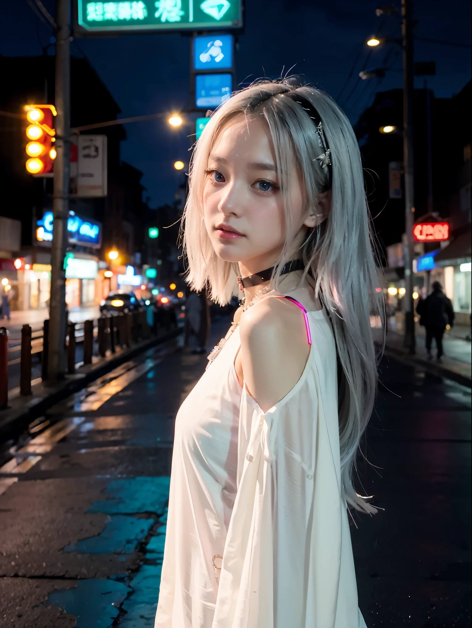 Standing on the street at night, shy, beauty spot on chin, side pose, small mole on chin, blushing, neon lights, detailed background, raining, long sleeves, neck choker with necklace, long necklace, evil look, white hair, detailed digital anime art