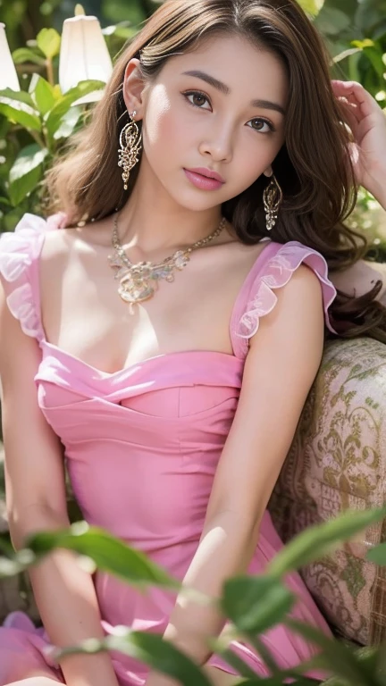 8K, ultra hd, masterpiece, 1 girl, (good face:1.4), detailed eyes, long hair, impressive hairstyle, earings, necklace, small breasts, (pink dress:1.5), see-through, (fantasy dress:1.5) Light-colored foundation brings out the transparency of the skin, (in the wonderland:1.5), mystery, diwali lights, glowing lights, very decoration, The lights falls like water, perfect front body,