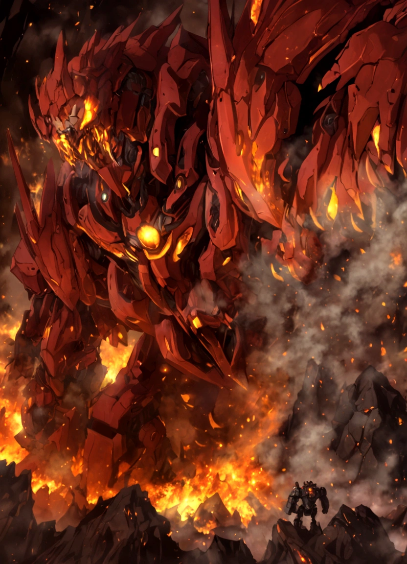 solo, super robot, Evil villains, giant robots that destroy the world, red demonic mecha with flames, fire golem creature, destructive colossal mecha as background, lava mecha, fire elemental, mecha vore art epic digital painting, epic full color illustration, background artwork