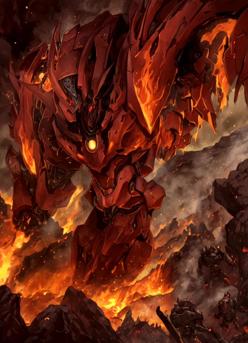 solo, super robot, Evil villains, giant robots that destroy the world, red demonic mecha with flames, fire golem creature, destructive colossal mecha as background, lava mecha, fire elemental, mecha vore art epic digital painting, epic full color illustration, background artwork