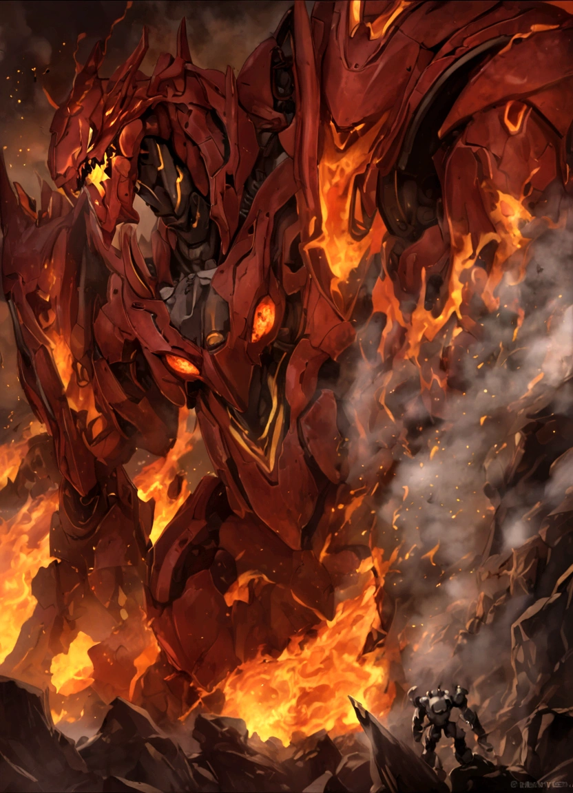 solo, super robot, Evil villains, giant robots that destroy the world, red demonic mecha with flames, fire golem creature, destructive colossal mecha as background, lava mecha, fire elemental, mecha vore art epic digital painting, epic full color illustration, background artwork