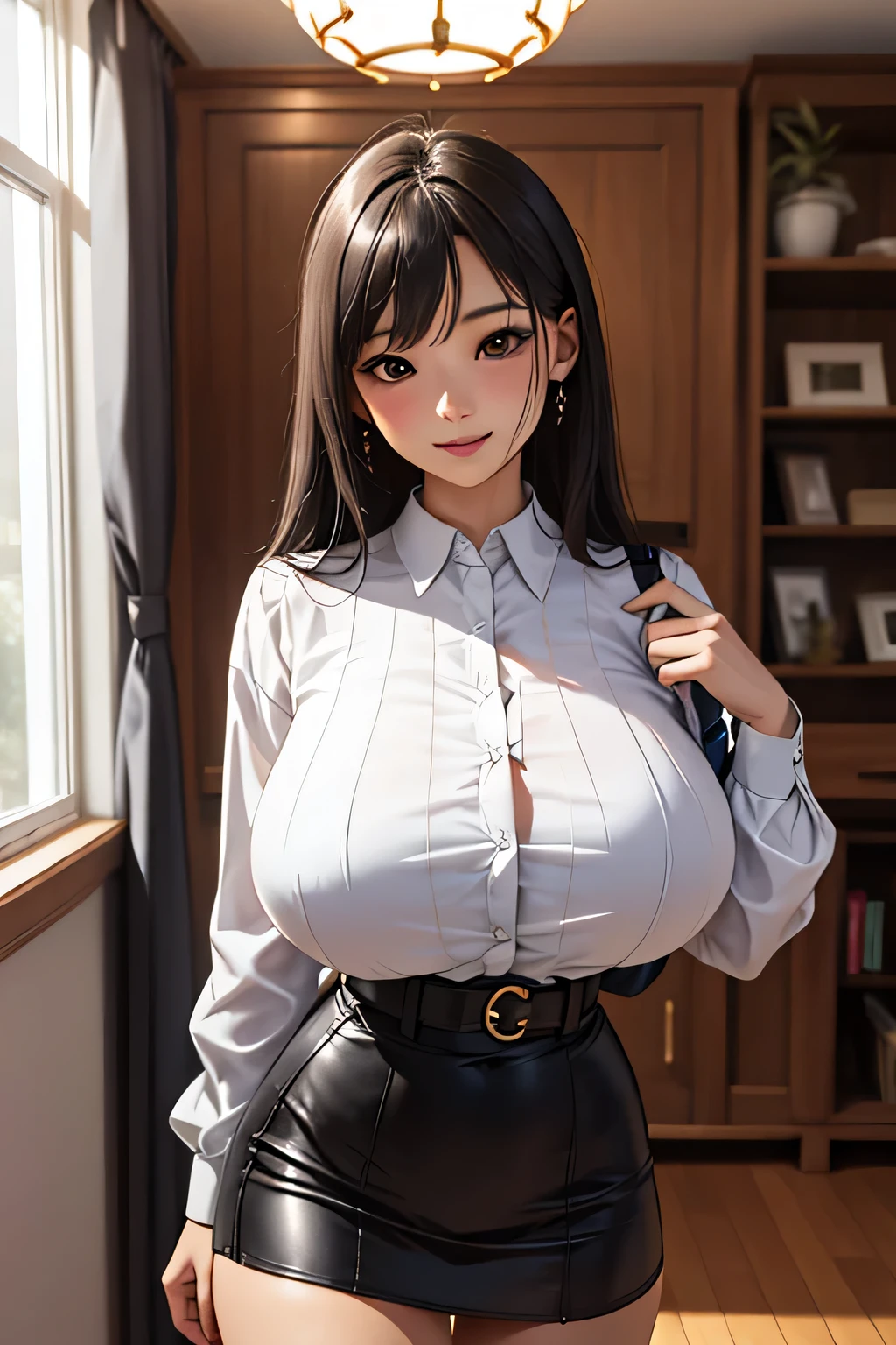 (超High resolution,4K,Very detailed, photograph, 8k, High resolution, High resolution, Absurd:1.2),18 year old Japanese female,expensive,Long black hair,Beautiful character design,Beautifully detailed eye depiction,Perfect Face,Expressive eyes,Brown eyes,Please smile with your teeth showing,(White button blouse,Underwear is visible,Tight knit skirt:1.1),(Huge breasts:1.2),Tight waist,In the living room,Daytime,Cowboy Shot