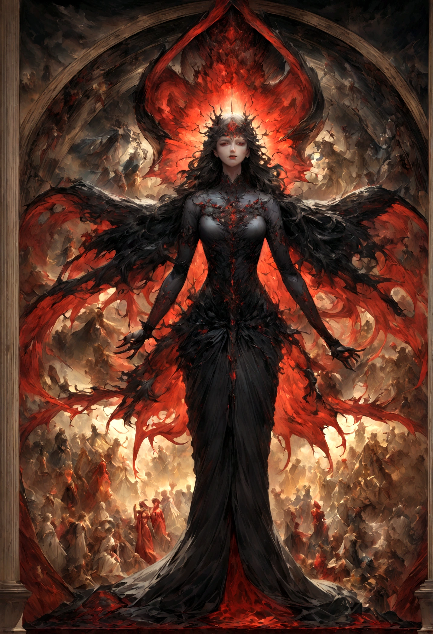 In a striking portrayal, a beautifully balanced half-angel, half-red devil figure captures the essence of good and evil, heaven and hell. The image, likely a digital painting, features meticulously symmetrical details that evoke a sense of duality. The angelic side shimmers with divine light, while the devilish side exudes an ominous darkness. Every intricately crafted feature radiates with a sense of celestial and infernal power, creating a mesmerizing and thought-provoking piece of art.