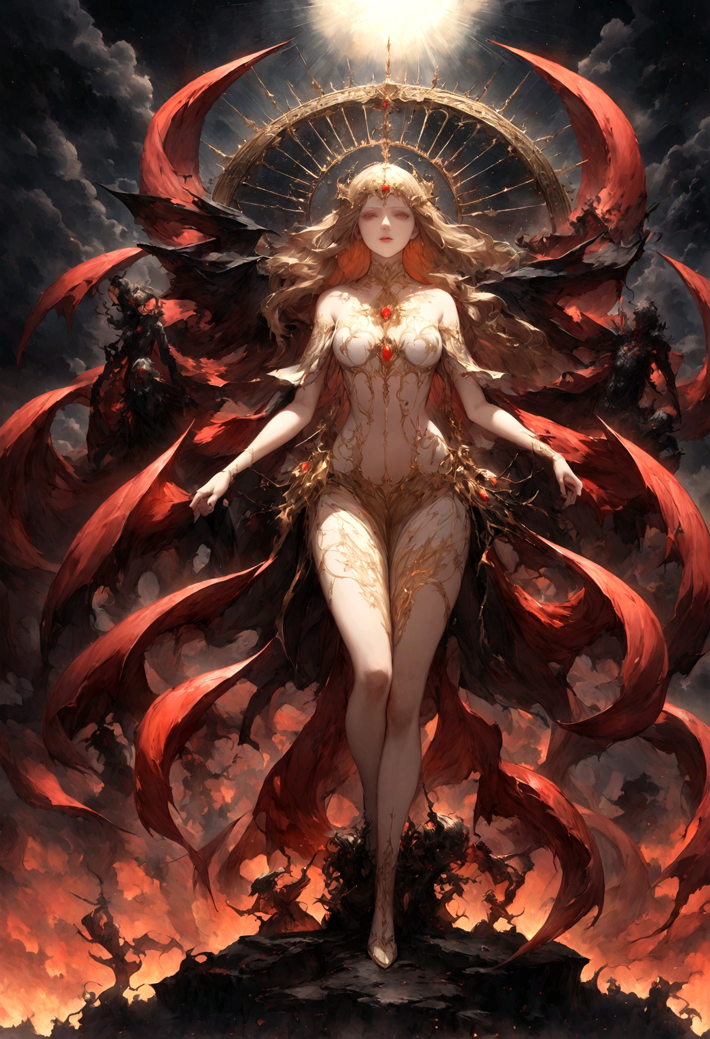 In a striking portrayal, a beautifully balanced half-angel, half-red devil figure captures the essence of good and evil, heaven and hell. The image, likely a digital painting, features meticulously symmetrical details that evoke a sense of duality. The angelic side shimmers with divine light, while the devilish side exudes an ominous darkness. Every intricately crafted feature radiates with a sense of celestial and infernal power, creating a mesmerizing and thought-provoking piece of art.