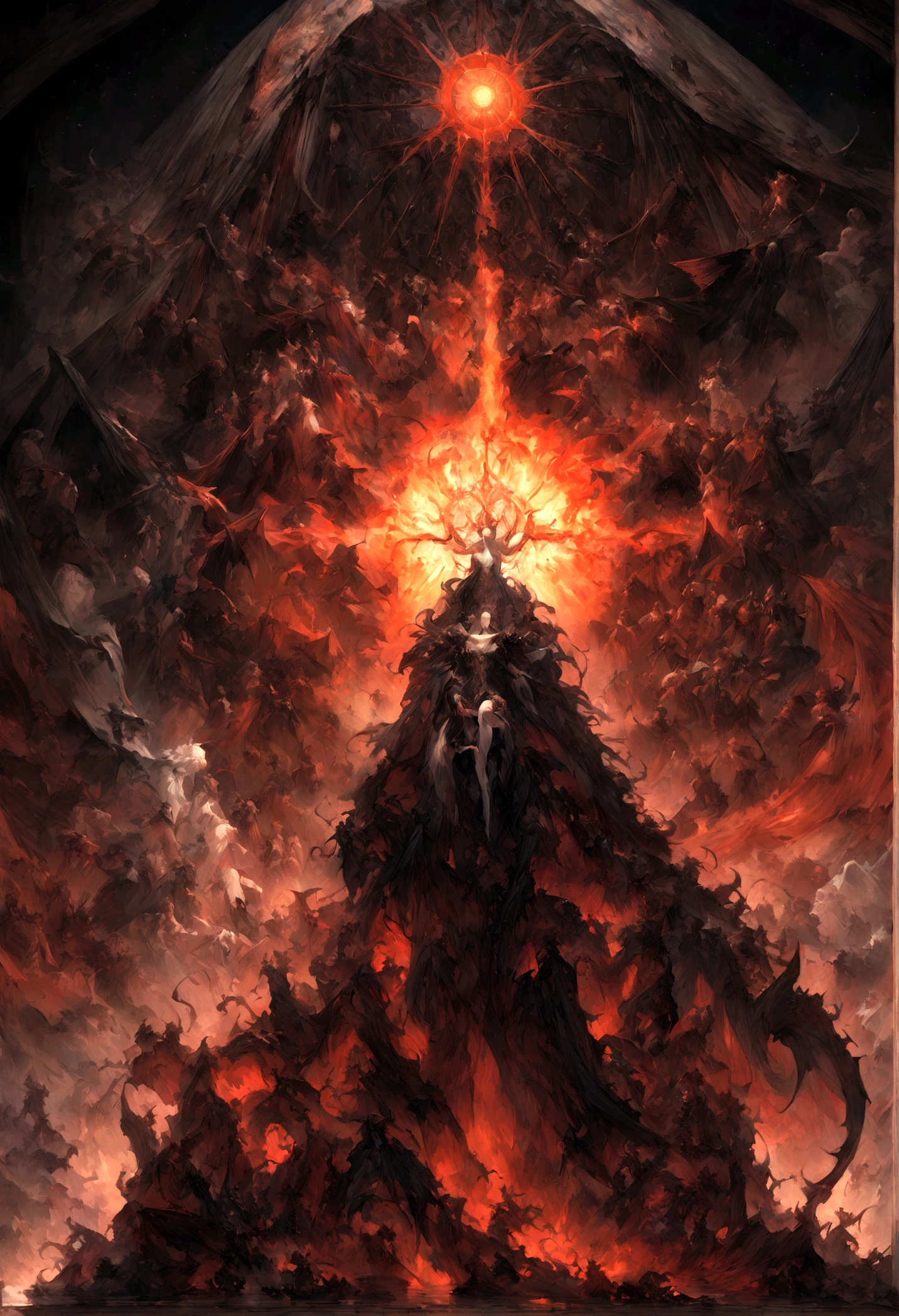 In a striking portrayal, a beautifully balanced half-angel, half-red devil figure captures the essence of good and evil, heaven and hell. The image, likely a digital painting, features meticulously symmetrical details that evoke a sense of duality. The angelic side shimmers with divine light, while the devilish side exudes an ominous darkness. Every intricately crafted feature radiates with a sense of celestial and infernal power, creating a mesmerizing and thought-provoking piece of art.