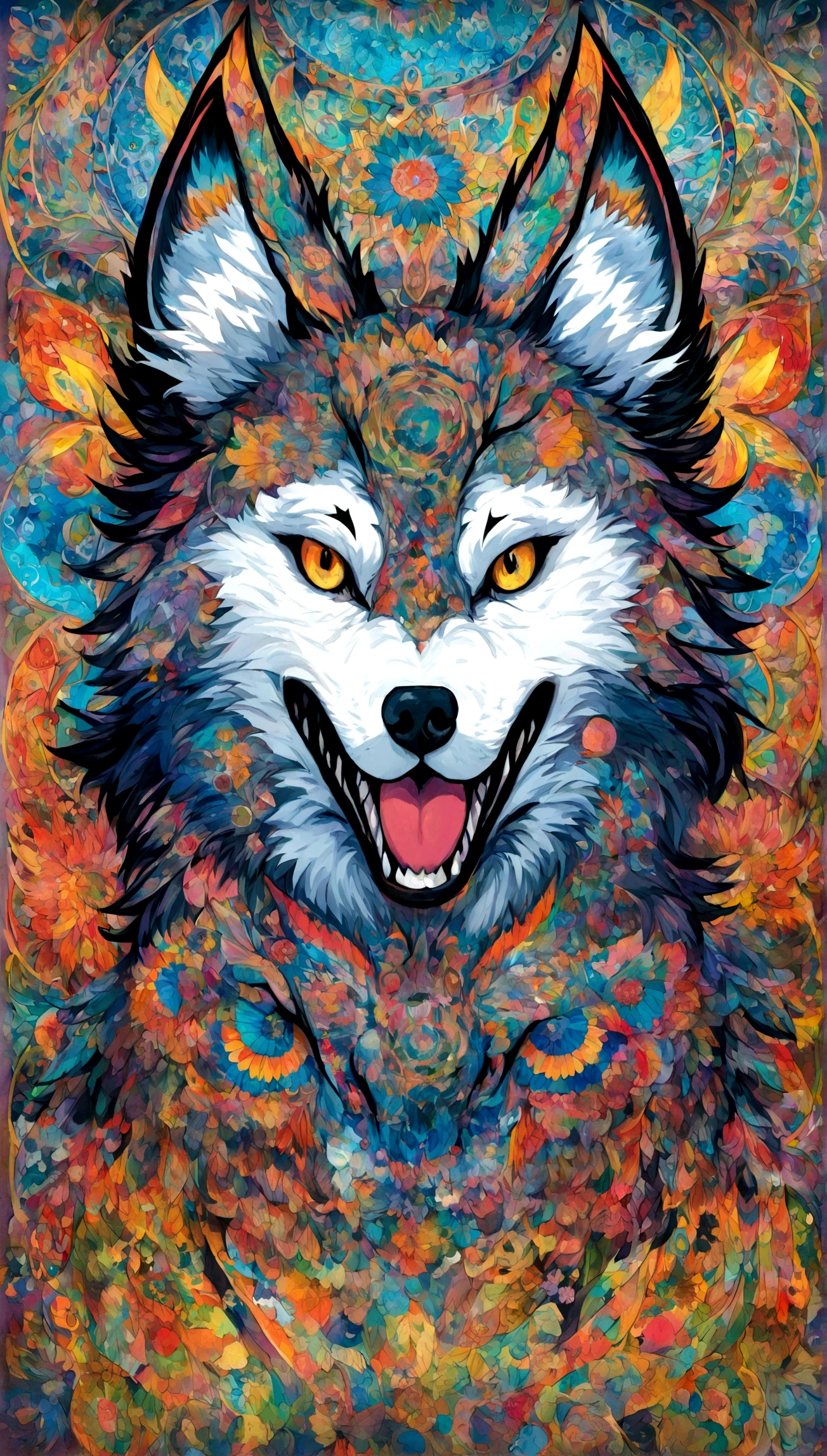２Vivid colorful drawing of cool wolf-based mandalas