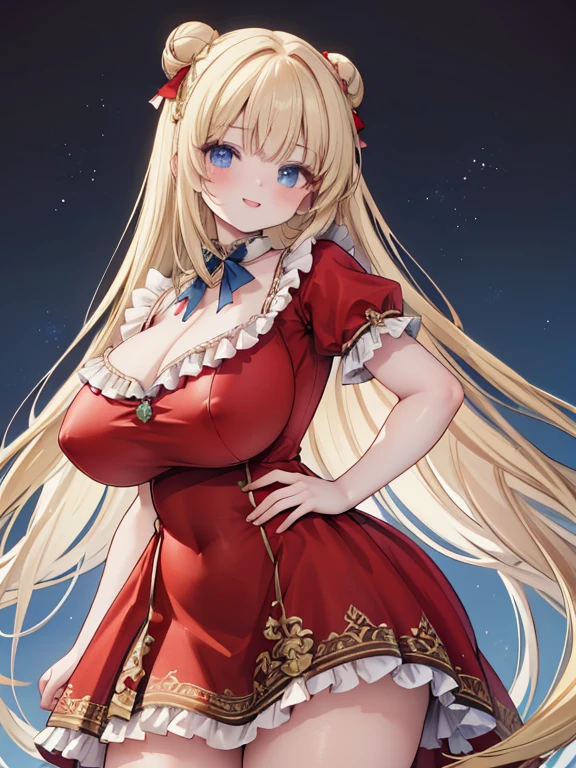 masterpiece, highest quality, Very detailed, 16k, Ultra-high resolution, Cowboy Shot, Fujifilm, Nikon, Canon, Detailed face, Perfect Fingers, 22-year-old woman, smile, Big Breasts, Big Ass, blue eyes, Blonde, Very Long Hair, Bun Hair, victorian dress, (Red dress:1.5), (Fantastic Background:1.5)