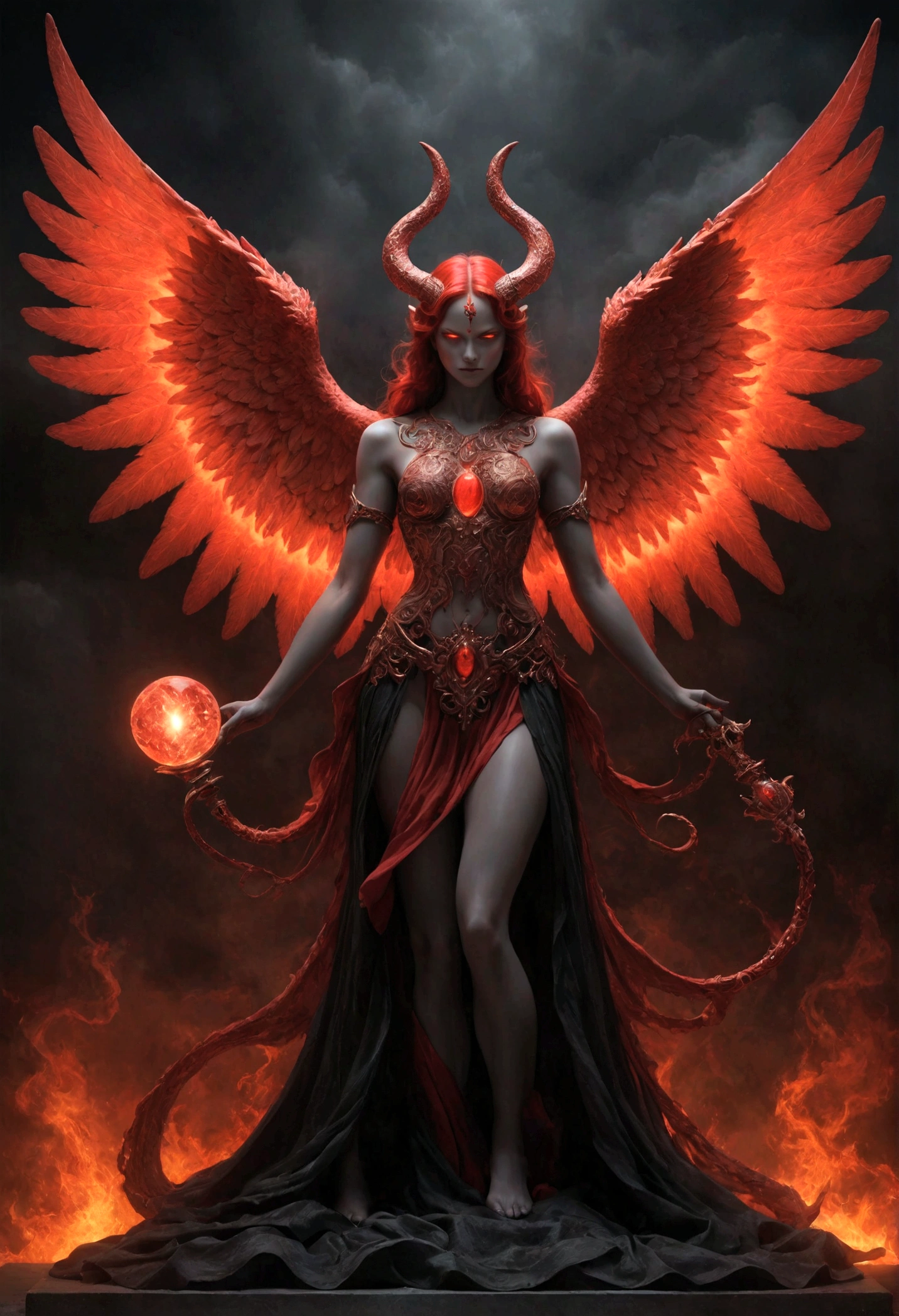In a striking portrayal, a beautifully balanced half-angel, half-red devil figure captures the essence of good and evil, heaven and hell. The image, likely a digital painting, features meticulously symmetrical details that evoke a sense of duality. The angelic side shimmers with divine light, while the devilish side exudes an ominous darkness. Every intricately crafted feature radiates with a sense of celestial and infernal power, creating a mesmerizing and thought-provoking piece of art.