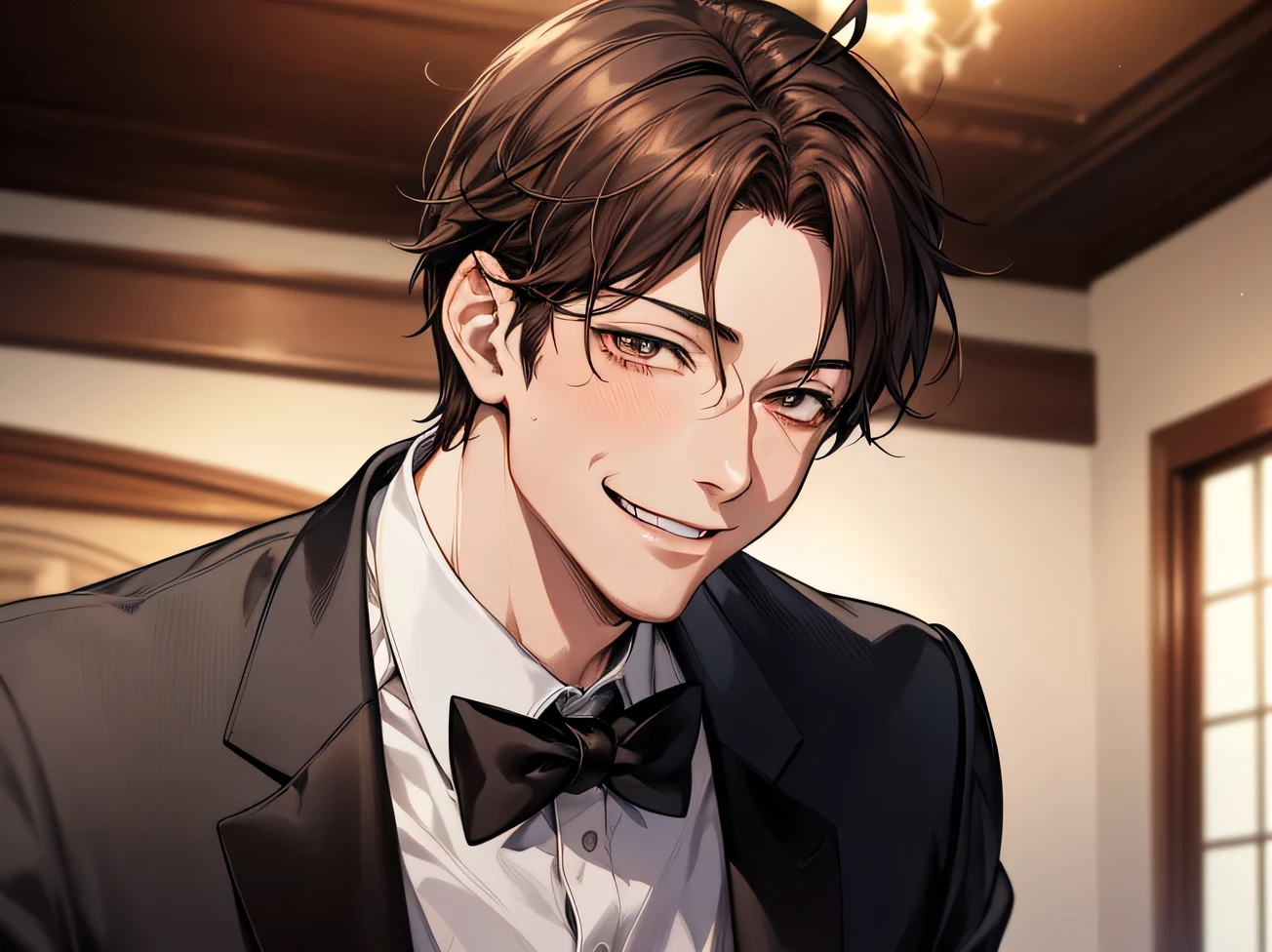 (night),Dynamic Angle,masterpiece,Face close-up,Angle from below,male, 40 years old,(male1 person)、alone,Adult,Rin々Funny face,Sharp Eye,Brown Hair,all back,Kakiage,A nice black tuxedo,sweating,,smile,An inappropriate smile,Background Spotlight,Background mansion room,night