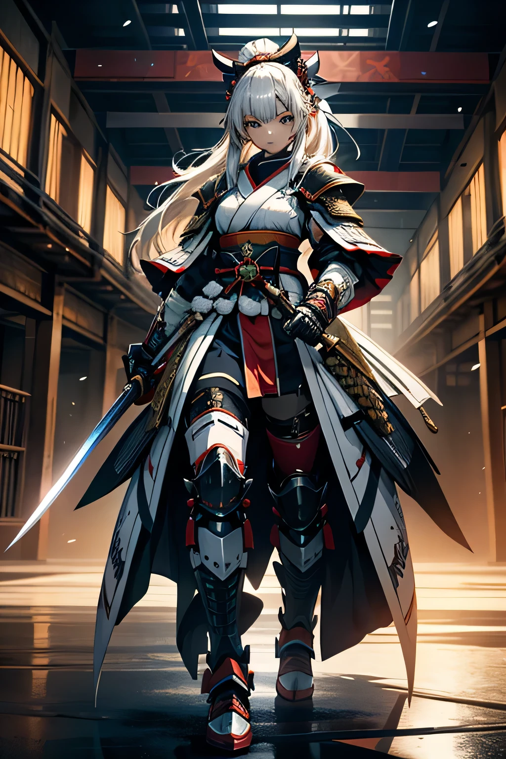 A young female samurai wearing white armor and holding a sword, fully-equipped in full-body pose