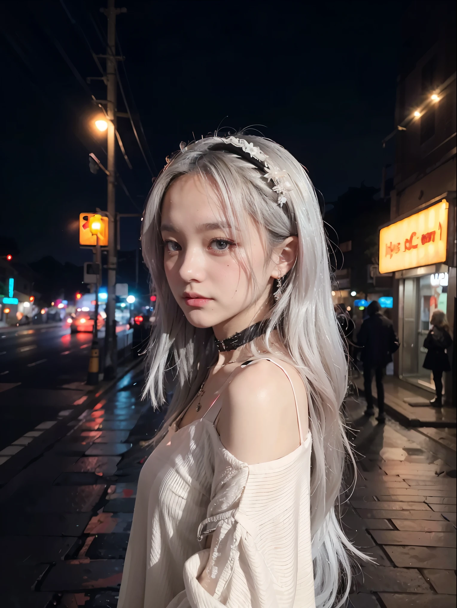 Standing on the street at night, shy, beauty spot on chin, side pose, small mole on chin, blushing, neon lights, detailed background, raining, long sleeves, neck choker with necklace, long necklace, evil look, white hair, detailed digital anime art