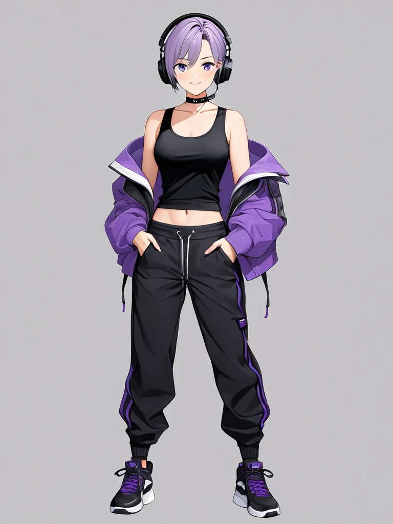 High-resolution anime digital art, Masterpiece, full body, Full of details, tomboy, mature, sexy, smart, hair color black, hairstyle short, real detail eyes pupil purple, short purple jacket, black tank top, black chokers, black headphone wireless, black long pants, black shoes, black sock, Happy face (simple background, white background)