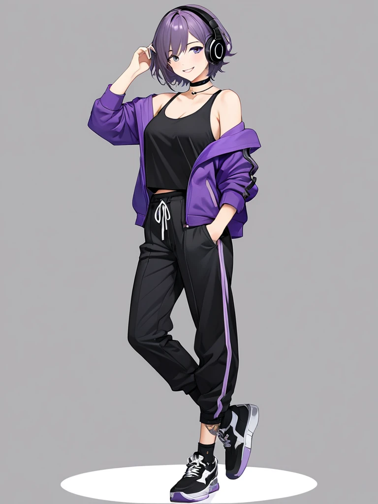 High-resolution anime digital art, Masterpiece, full body, Full of details, tomboy, mature, sexy, smart, hair color black, hairstyle short, real detail eyes pupil purple, short purple jacket, black tank top, black chokers, black headphone wireless, black long pants, black shoes, black sock, Happy face (simple background, white background)