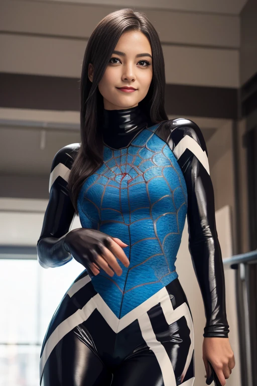 blue eyes, stunning proportions, smile, dark zero suit, photorealistic, intricate details, spiffy bodysuit