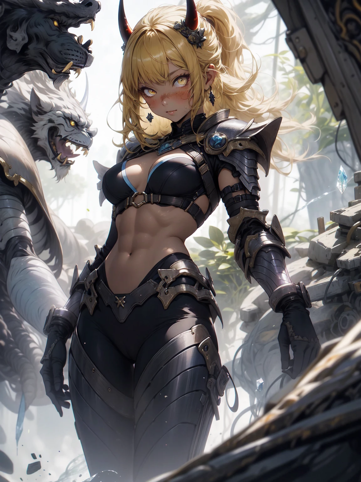 Be realistic，（masterpiece，Highest quality，Highest quality，Very detailed，Fractal Art，Most detailed，（The background is abstract：1.5）（1 Girl），Kamimei，（Yellow hair ponytail），（Yellow eyes shine、Big Breasts、Toned Abs，Stunned)，Abyss Stick、crystallization，Black Bikini、High Leg、sexy、Machine Armor、Sunburned skin、Demon Horn、Berserk