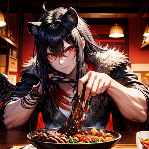 Lion, Black Hair, Red eyes, wing, Very monstrous Powerful Warrior Eating kalbi rice bowl red wine