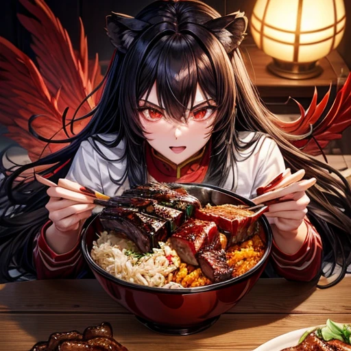 Lion, Black Hair, Red eyes, wing, Very monstrous　Powerful Warrior　Eating kalbi rice bowl　red wine