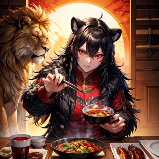 Lion, Black Hair, Red eyes, wing, Very monstrous Powerful Warrior Eating kalbi rice bowl red wine