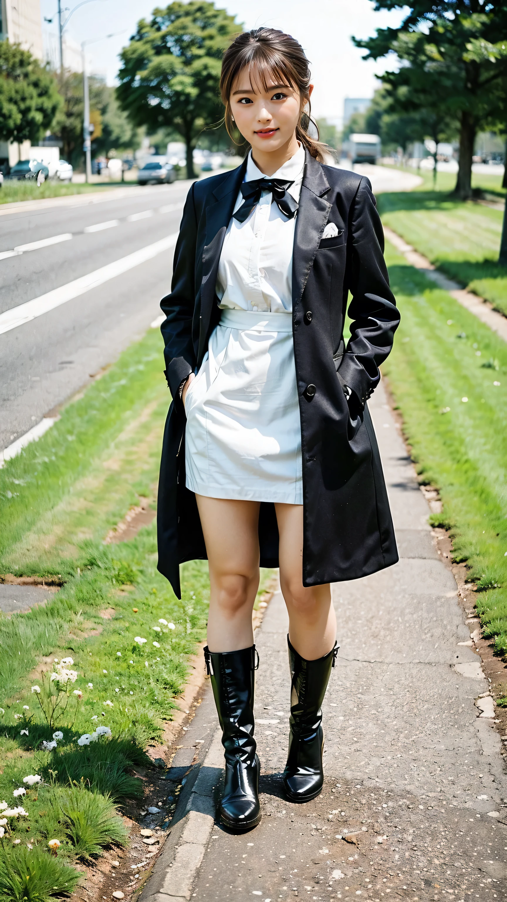 There is a woman standing on a sidewalk wearing a black coat - SeaArt AI