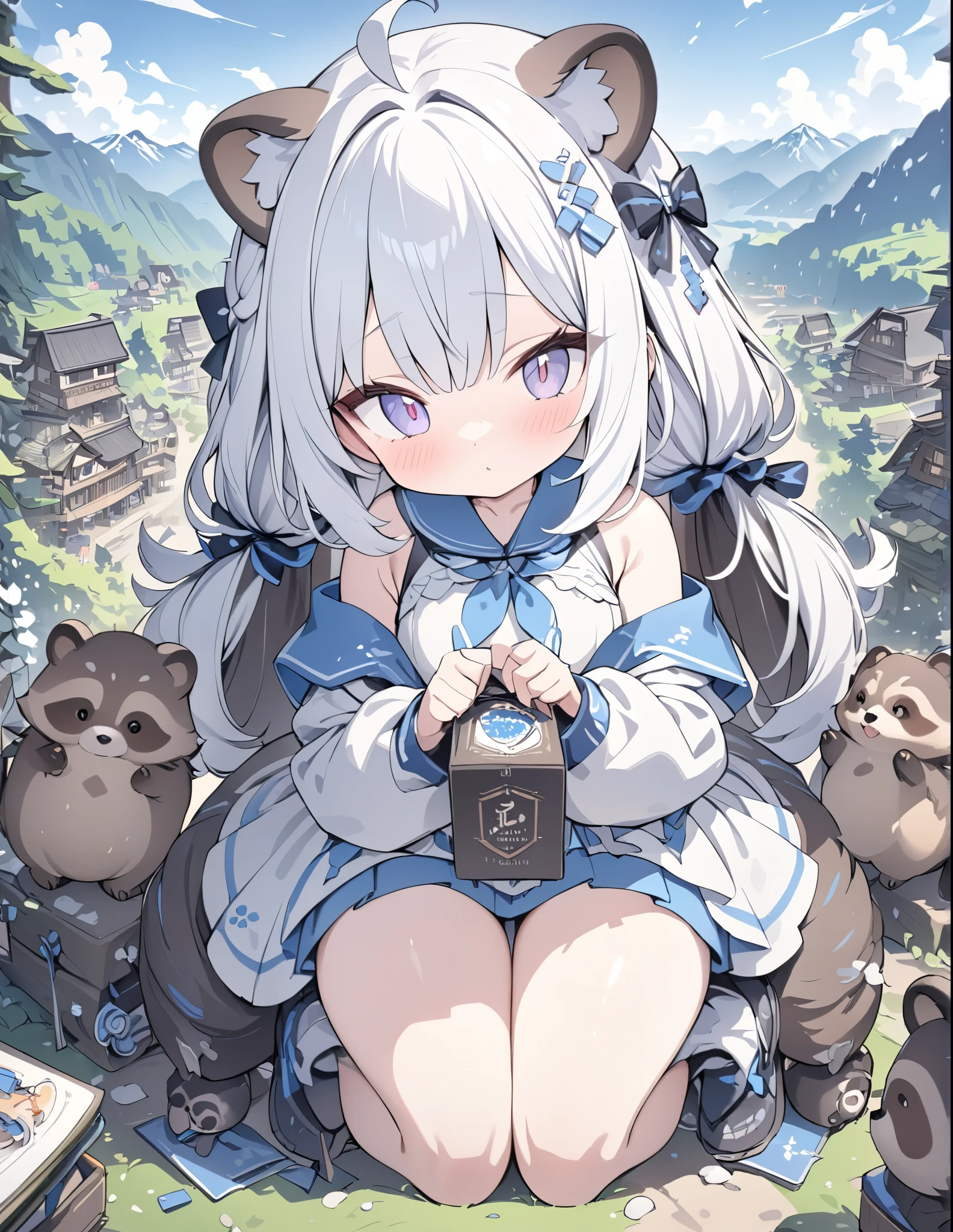 ((style:Colored pencil,pale colour)),UHD, high details, high quality, highres, best quality, 4K, 8k, award winning, masterpiece,Tanuki Village、Lots of cute raccoons、A tanuki transformed into a human girl、cute、In the mountains