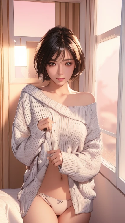 Arab asian woman in sweater and panties posing for photo, Short hair, Soft Portrait Shot 8k, 8K Portrait Rendering, sakimichan hdri, Photorealistic anime girl rendering, Trending on cgstation, Realistic Anime 3D Style, [ 4K Photorealism ]!!, 8k Sensual Lighting, Beautiful Asian Girl