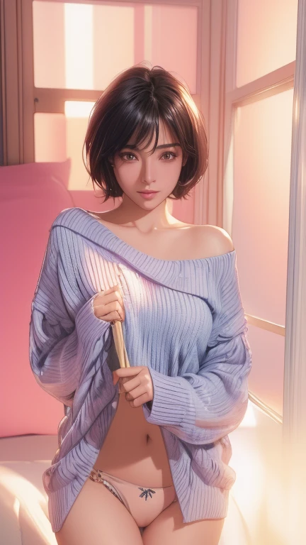 Arab asian woman in sweater and panties posing for photo, Short hair, Soft Portrait Shot 8k, 8K Portrait Rendering, sakimichan hdri, Photorealistic anime girl rendering, Trending on cgstation, Realistic Anime 3D Style, [ 4K Photorealism ]!!, 8k Sensual Lighting, Beautiful Asian Girl
