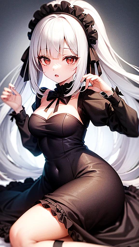 White haired girl with cat ears、anime、One woman、Black Ribbon、Black maid outfit、Bob Hair、anime tone、beautiful girl