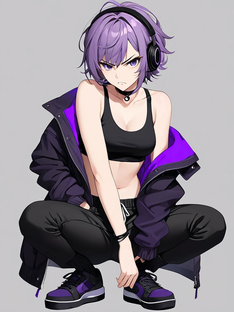 High-resolution anime digital art, Masterpiece, full body, Full of details, tomboy, mature, sexy, smart, hair color black, hairstyle short, real detail eyes pupil purple, short purple jacket, black tank top, black chokers, black headphone wireless, black long pants, black shoes, black sock, Angry face (simple background, white background)