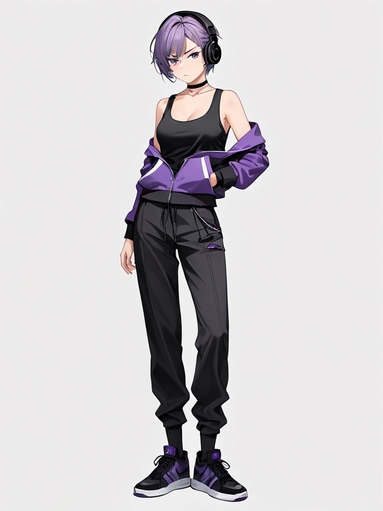 High-resolution anime digital art, Masterpiece, full body, Full of details, tomboy, mature, sexy, smart, hair color black, hairstyle short, real detail eyes pupil purple, short purple jacket, black tank top, black chokers, black headphone wireless, black long pants, black shoes, black sock, Angry face (simple background, white background)