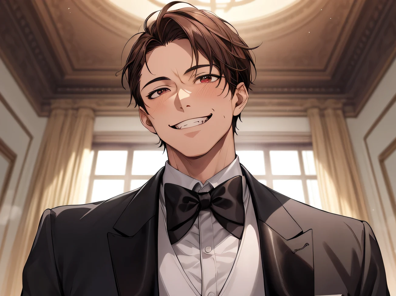 Light in a dark room、Dynamic Angle,masterpiece,Face close-up,Angle from below,male, 40 years old,(male1 person)、alone,Adult,Rin々Funny face,Sharp Eye,Evil smile brown hair,all back,Kakiage,A nice black tuxedo,sweating,,smile,An inappropriate smile,Background Spotlight,Background mansion room,night,